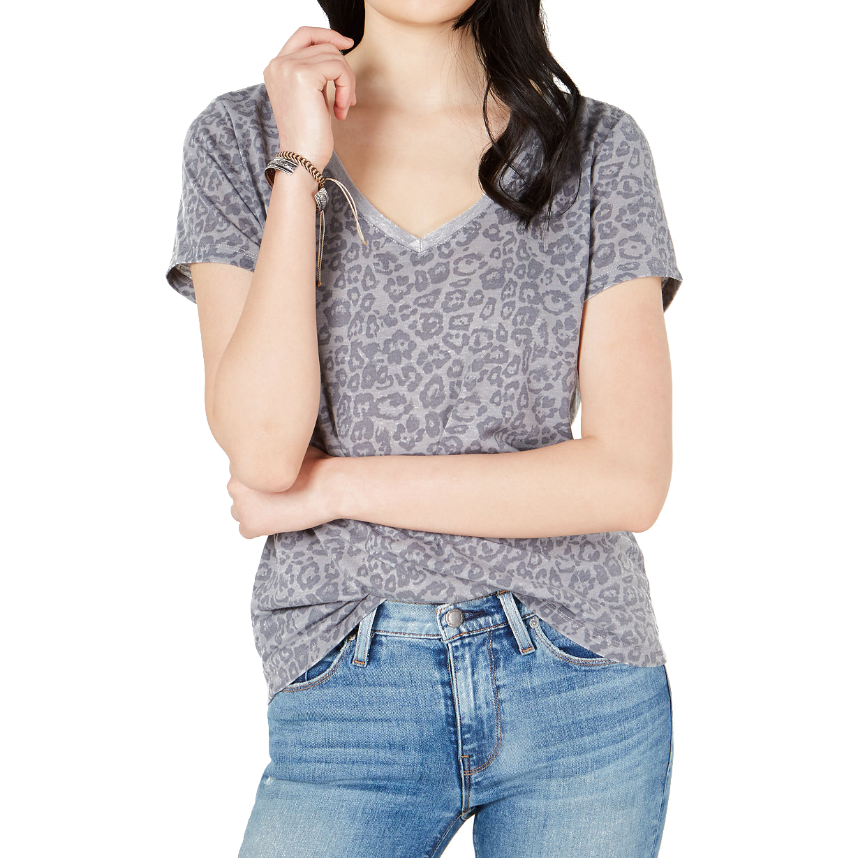 Ultra Flirt Women Heathered V Neck T Shirt Leopard