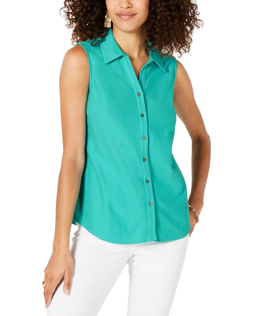 Charter Club Women Petite Cotton Shirt Turquoise Stone