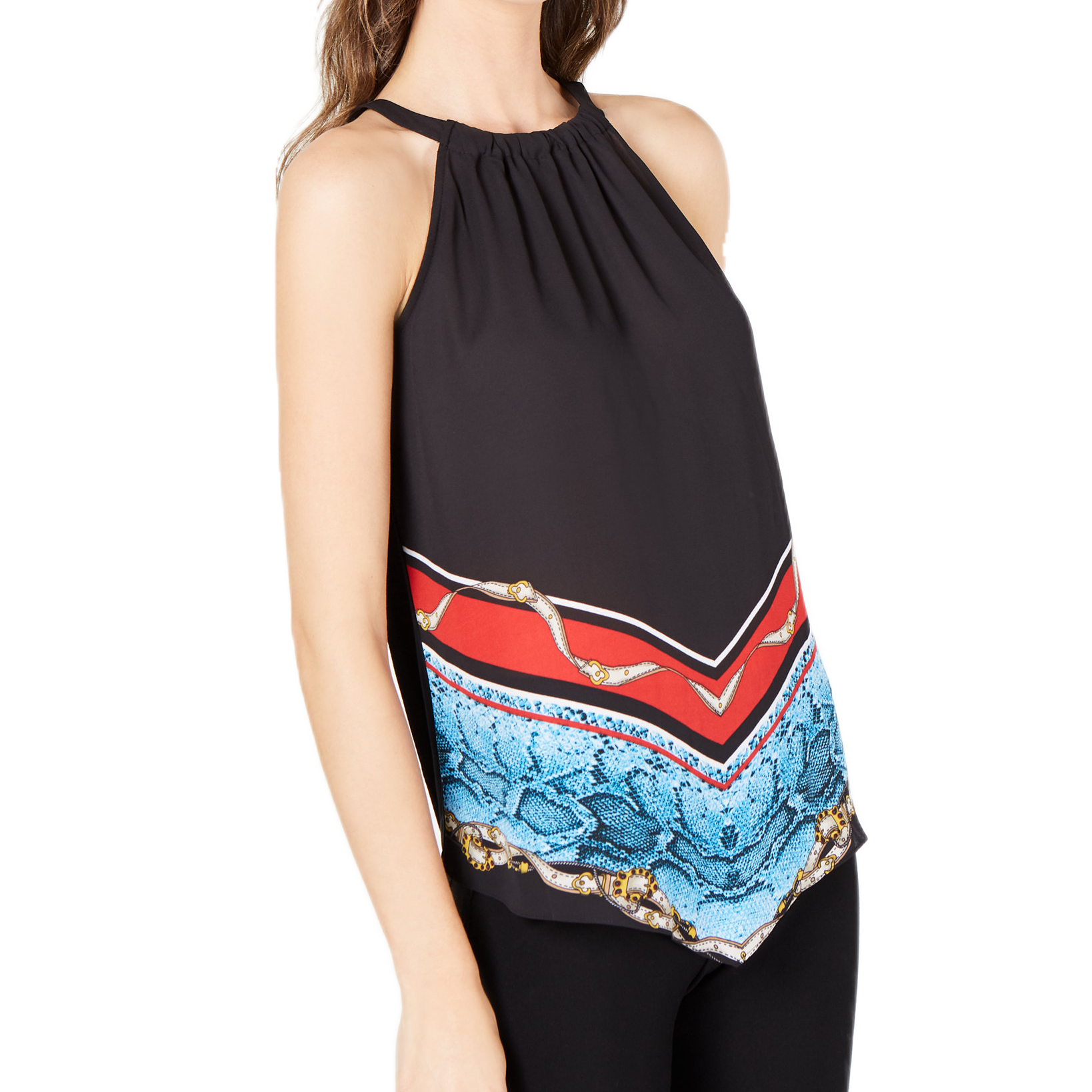 INC International Concepts Women Printed Handkerchief Hem Halter Top Deep Black