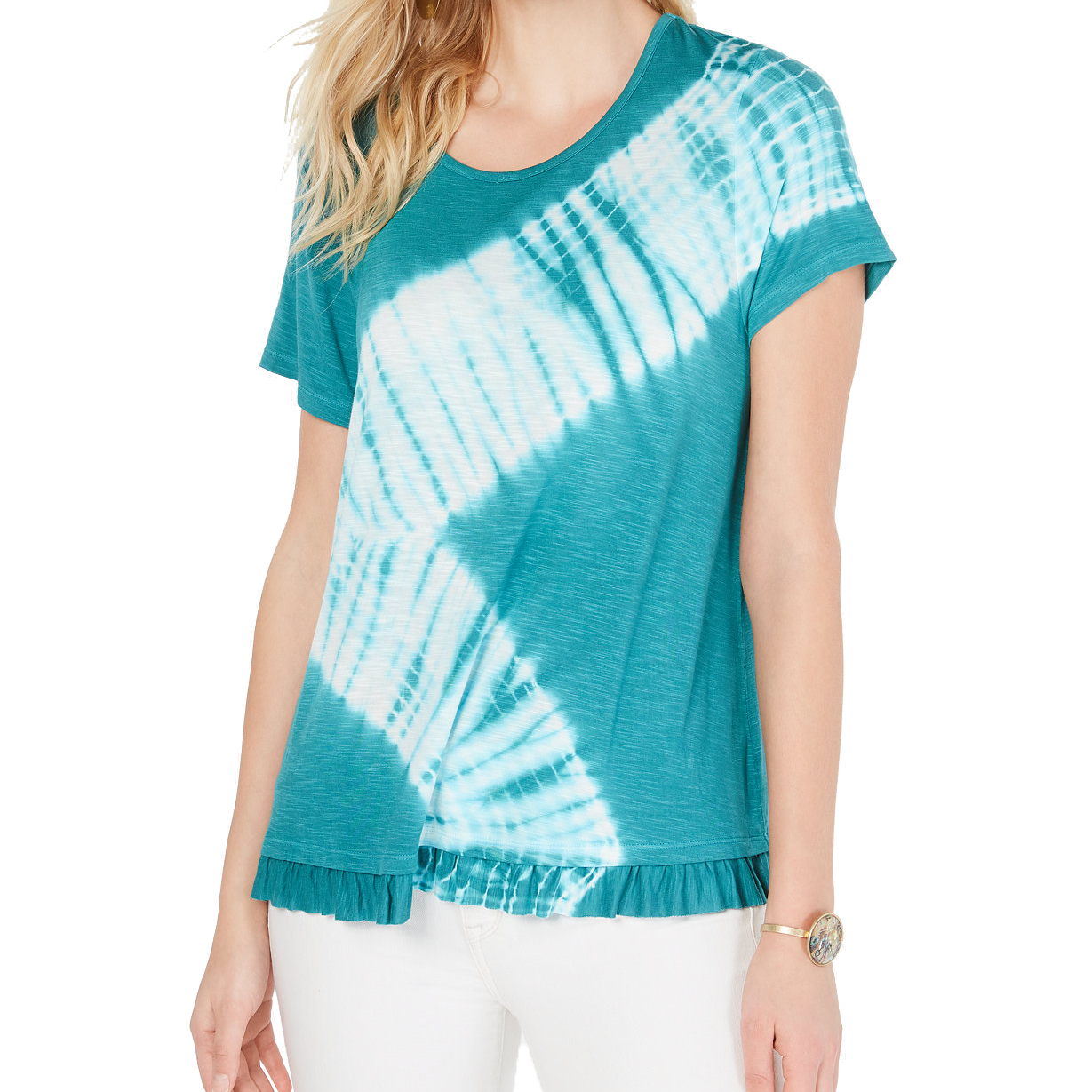 Style & Co Women Petite Tie Dyed Ruffle Hem T Shirt Teal Diagnol Dye