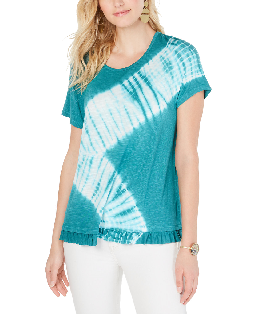 Style & Co Women Petite Tie Dyed Ruffle Hem T Shirt Teal Diagnol Dye
