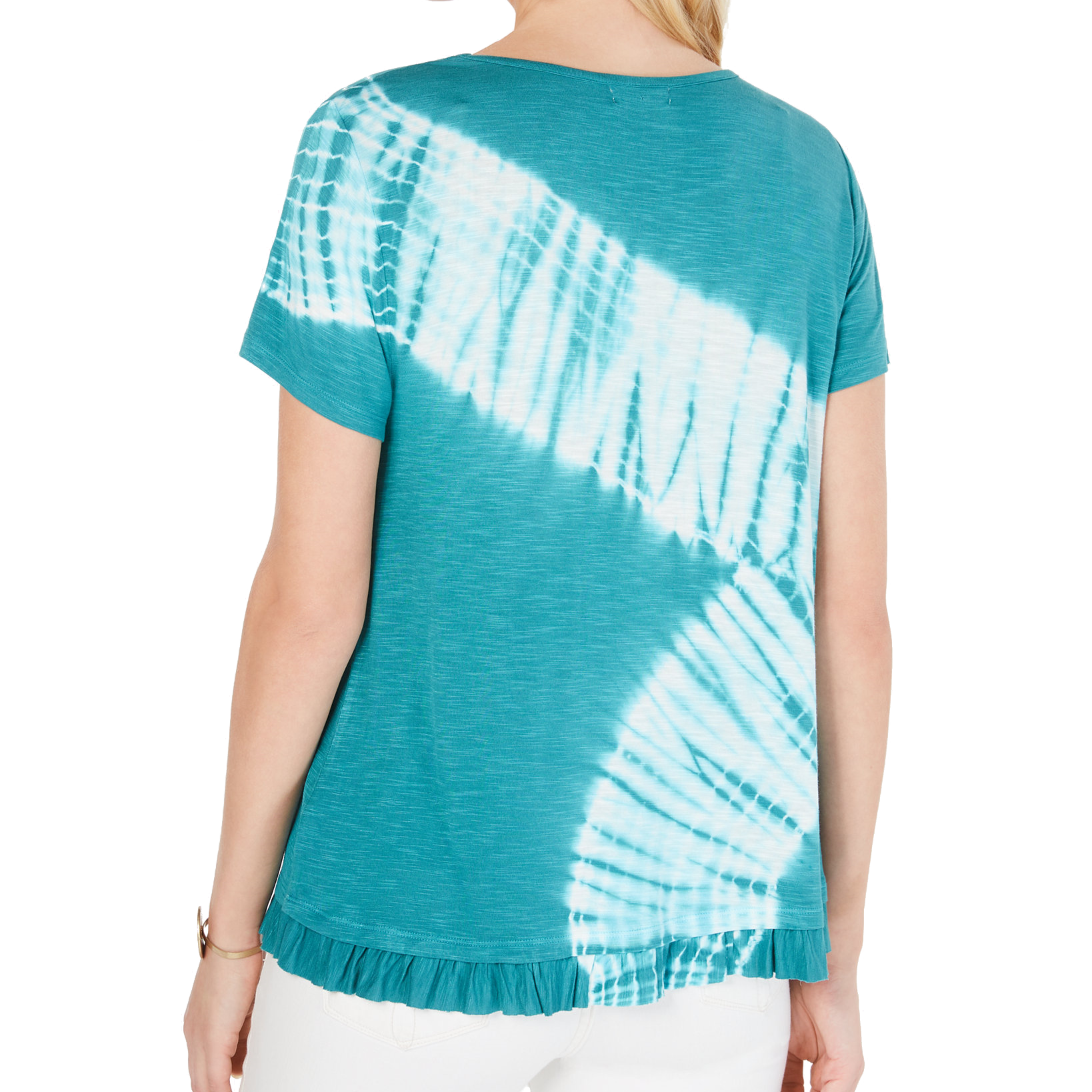 Style & Co Women Petite Tie Dyed Ruffle Hem T Shirt