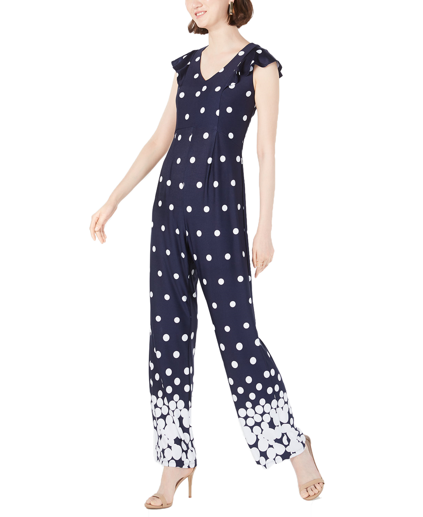 NY Collection Women Petite Flutter Sleeve Jumpsuit Navy Dotfall