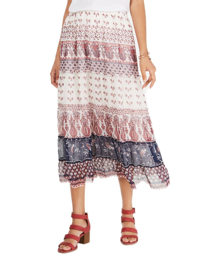 Style & Co Women Tiered Mixed Print Midi Skirt Paisley Print