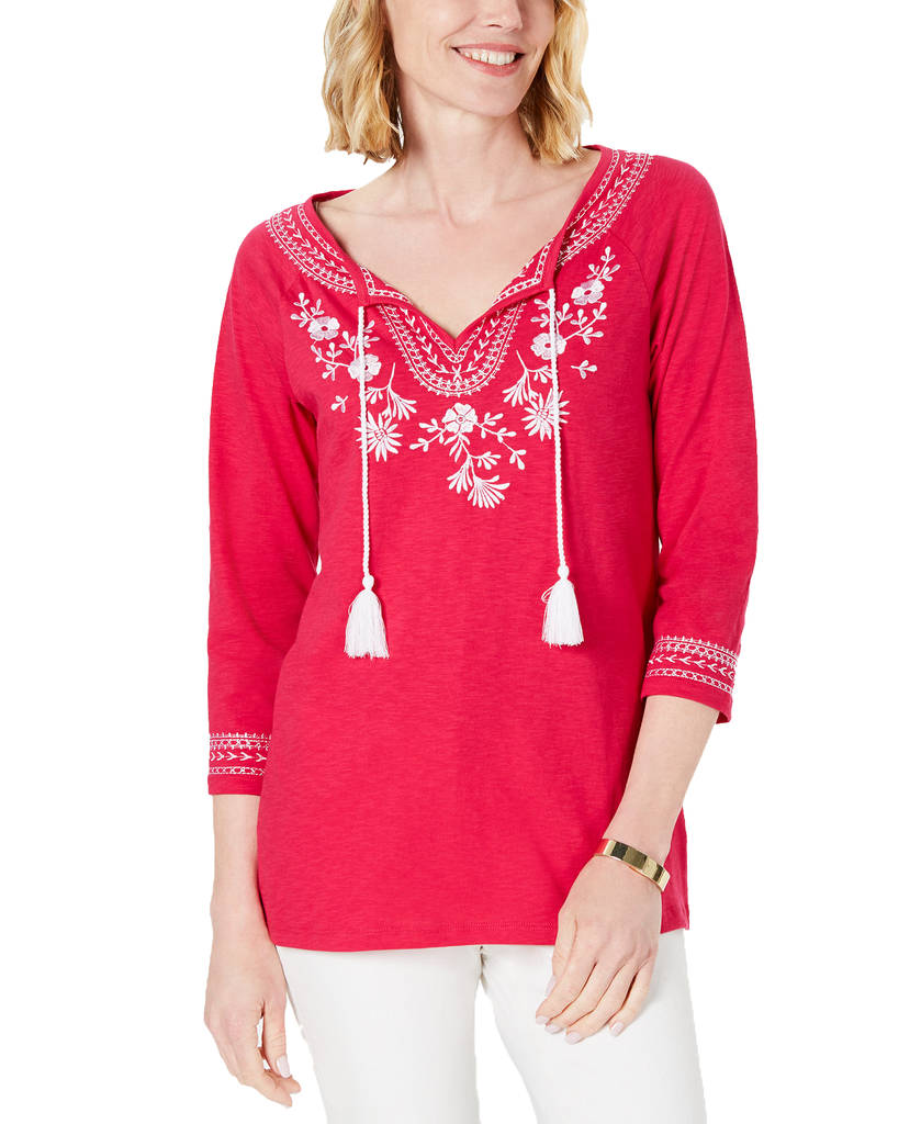 Charter Club Women Cotton Embroidered Tunic Moroccan Pink