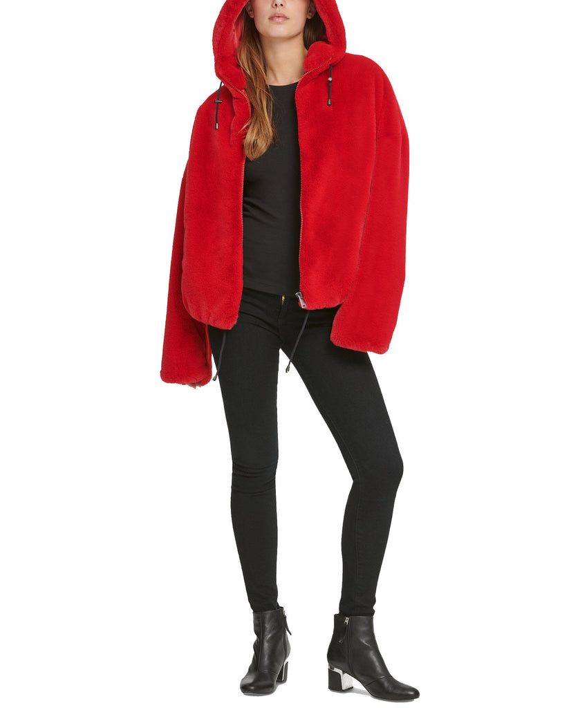 DKNY Women Hooded Faux Fur Jacket Fire Red