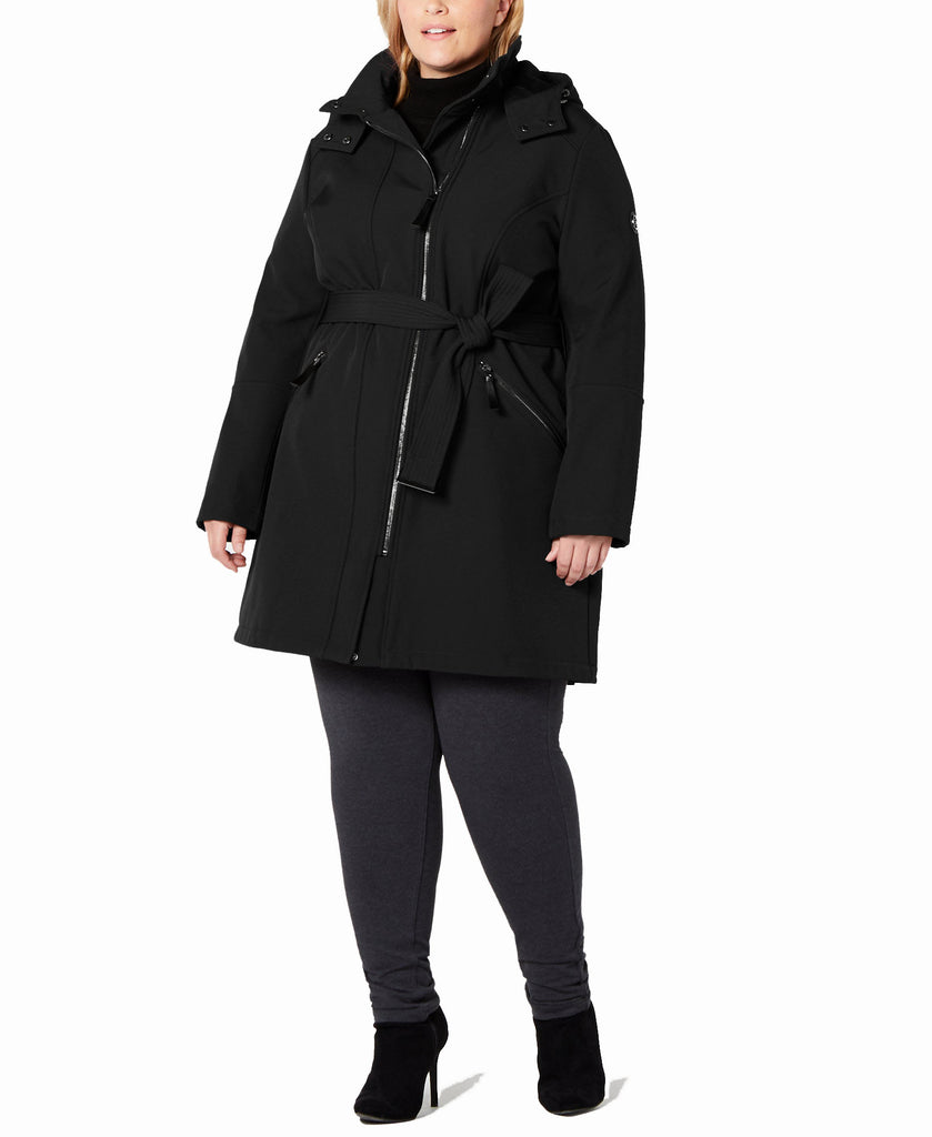 Calvin Klein Women Plus Water Resistant Belted Hooded Raincoat Black