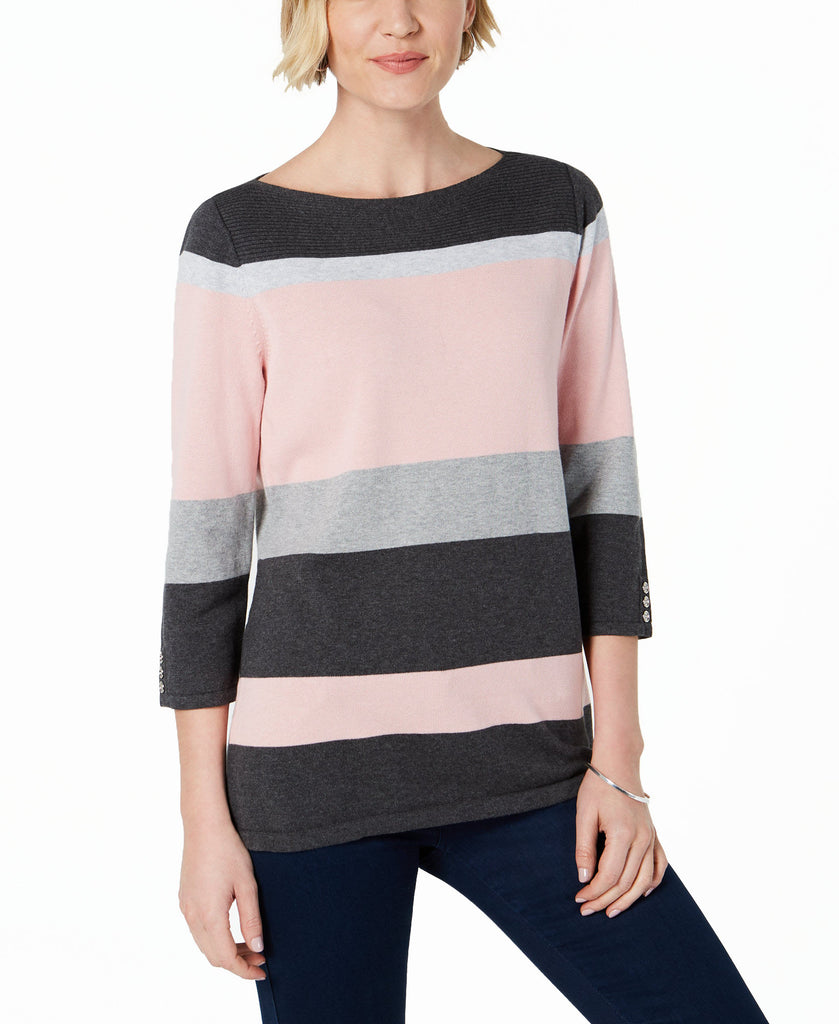 Karen Scott Women Petite Cotton Striped Sweater Pink Combo