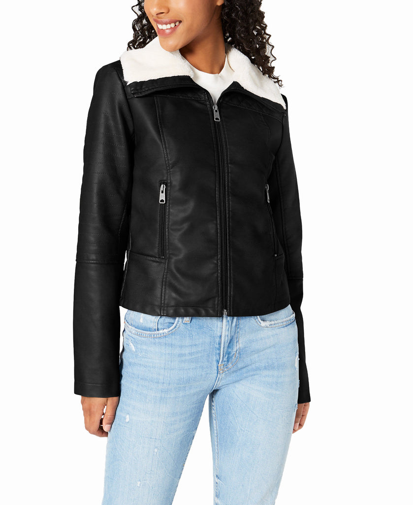 Coffee Shop Women Faux Fur Collar Moto Jacket Black