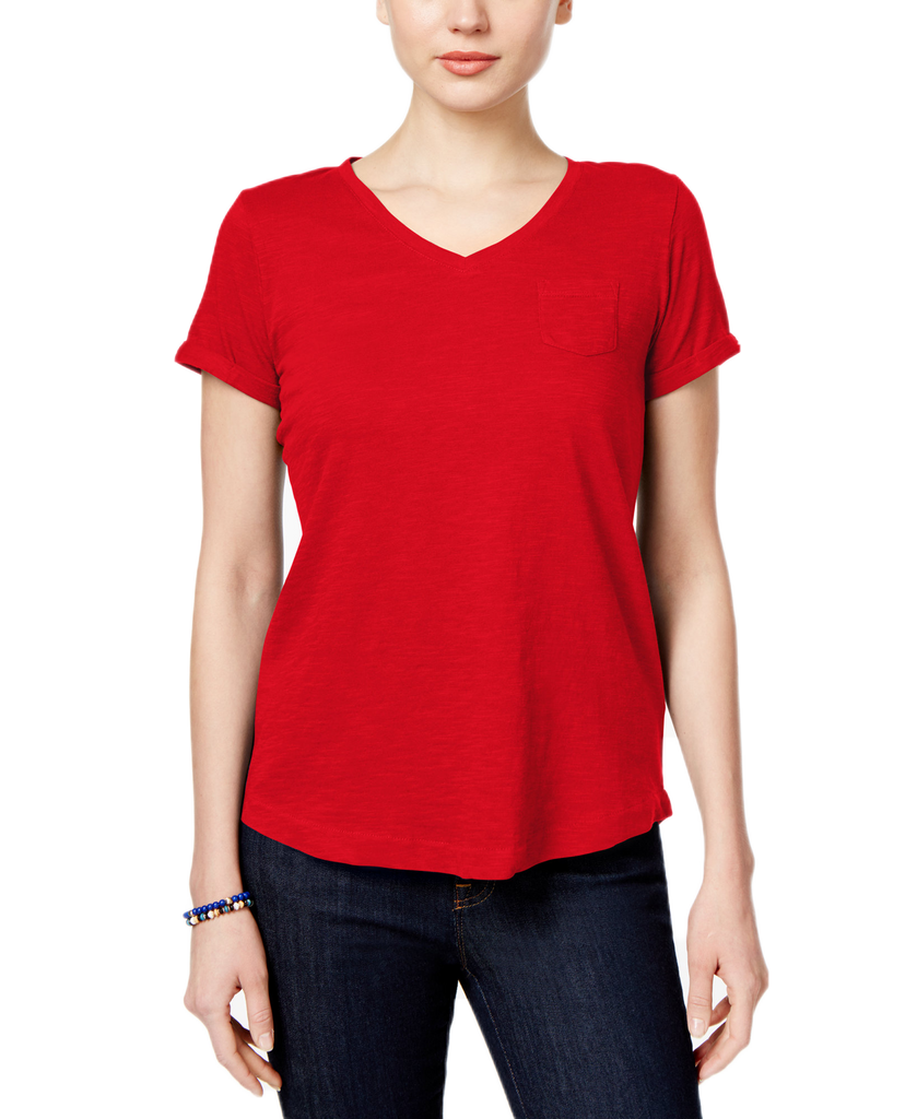 Style & Co Women Petite V Neck Pocket T Shirt Real Red