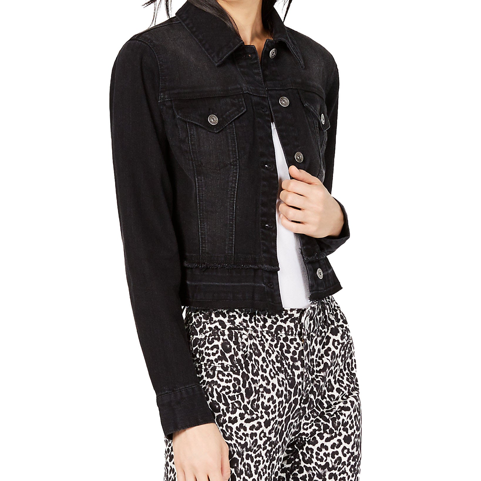 INC International Concepts Women Frayed Cropped Denim Jacket Deep Black
