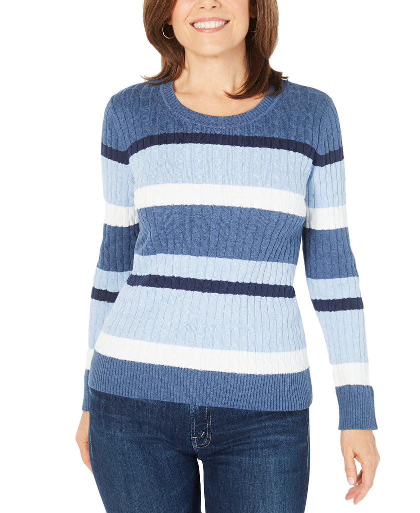 Karen Scott Women Cotton Striped Sweater Blue Combo