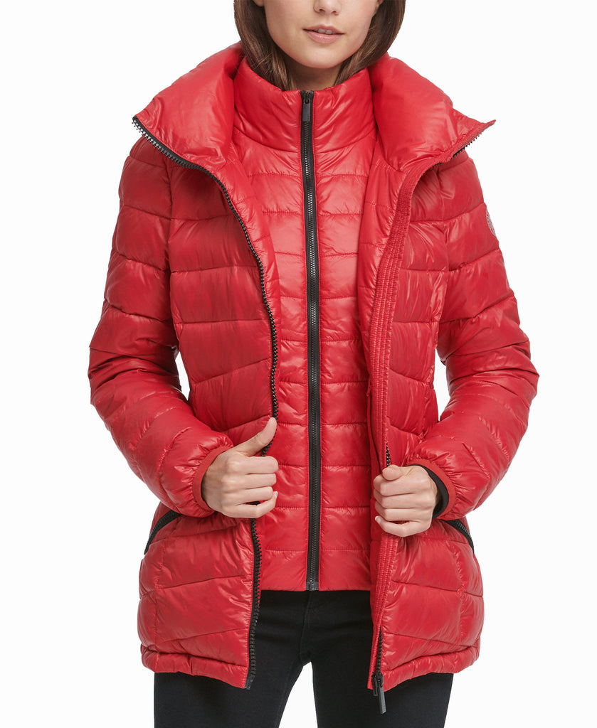 DKNY Women Hooded Packable Down Puffer Coat Fire Red