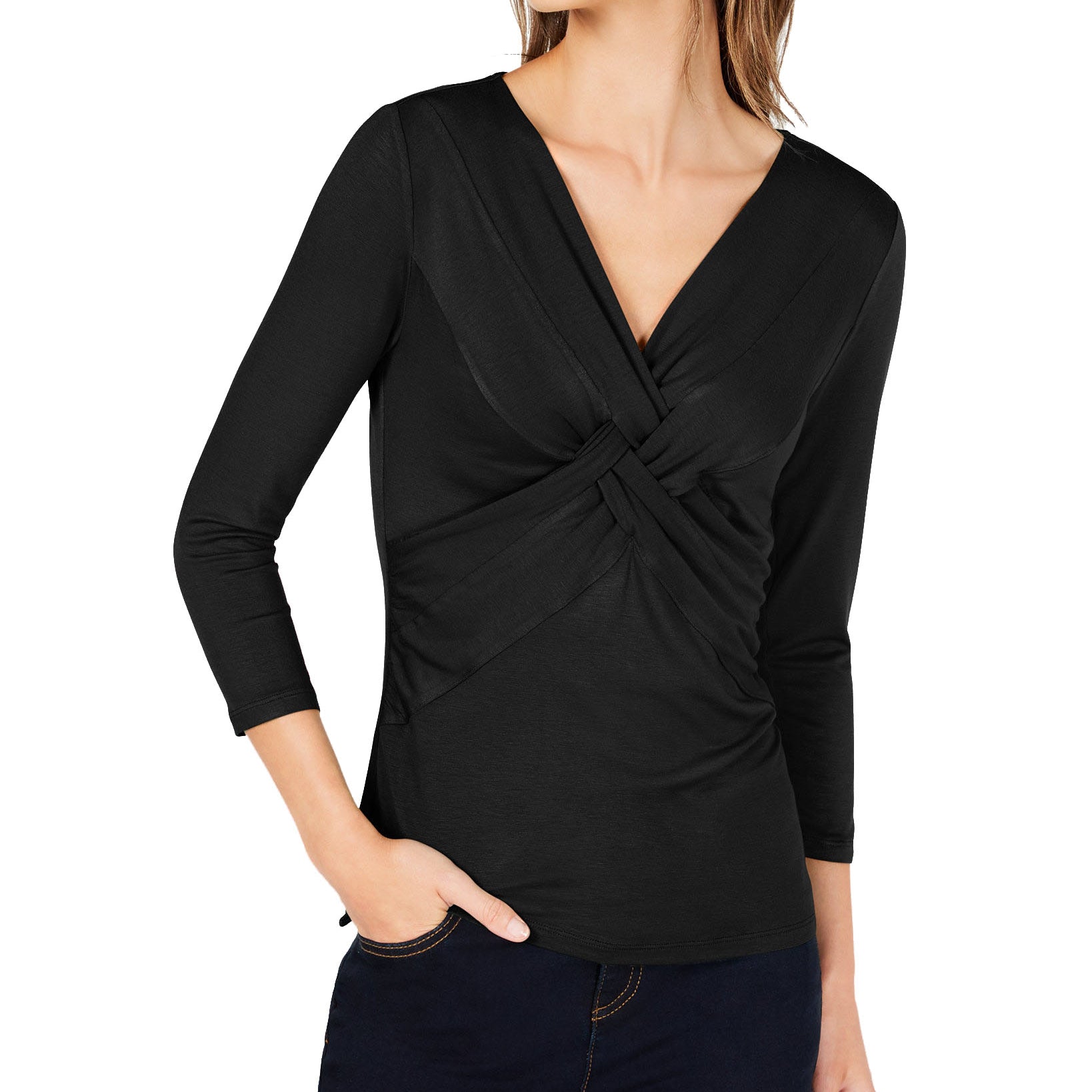 INC International Concepts Women Petite Twist Front 3 4 Sleeve Top Deep Black