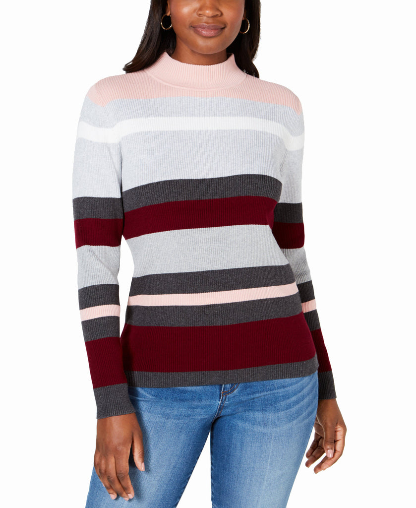 Karen Scott Women Petite Cotton Striped Ribbed Sweater Merlot Combo