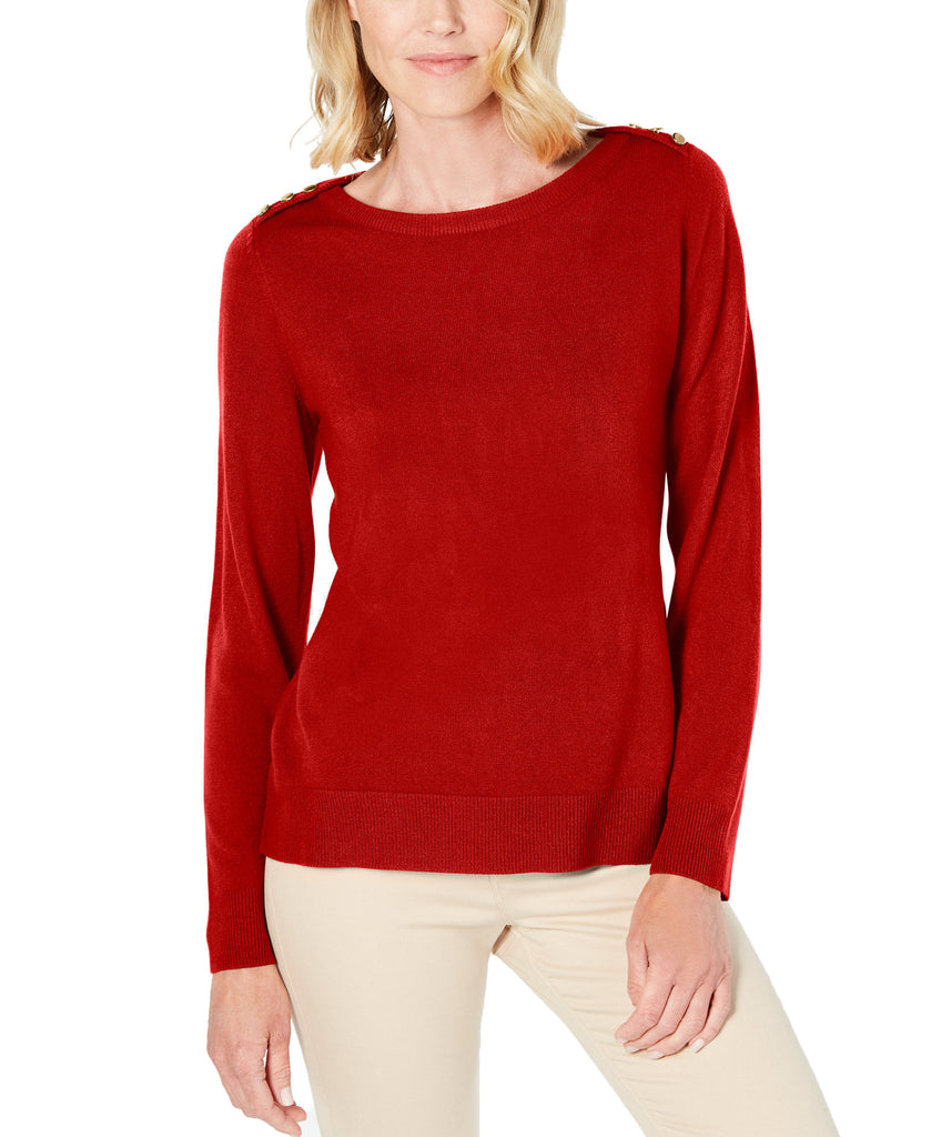 Karen Scott Women Petite Button Shoulder Sweater Red Cherry