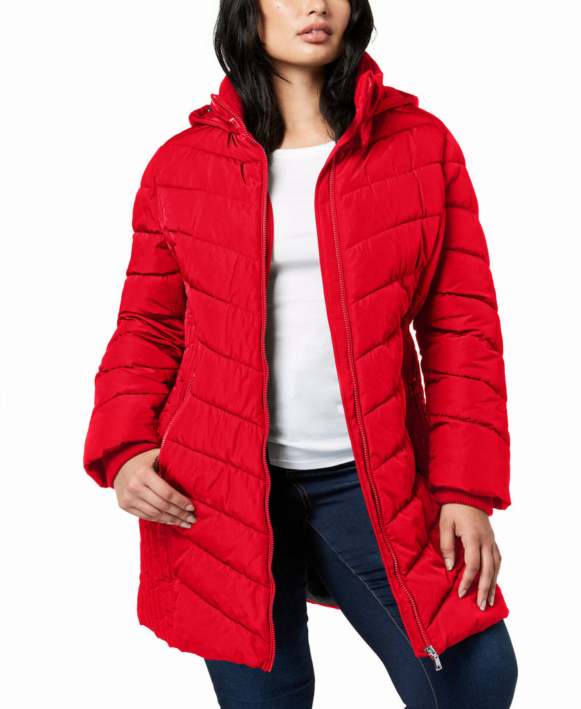 Tommy Hilfiger Women Plus Faux Fur Trim Hooded Puffer Coat Crimson
