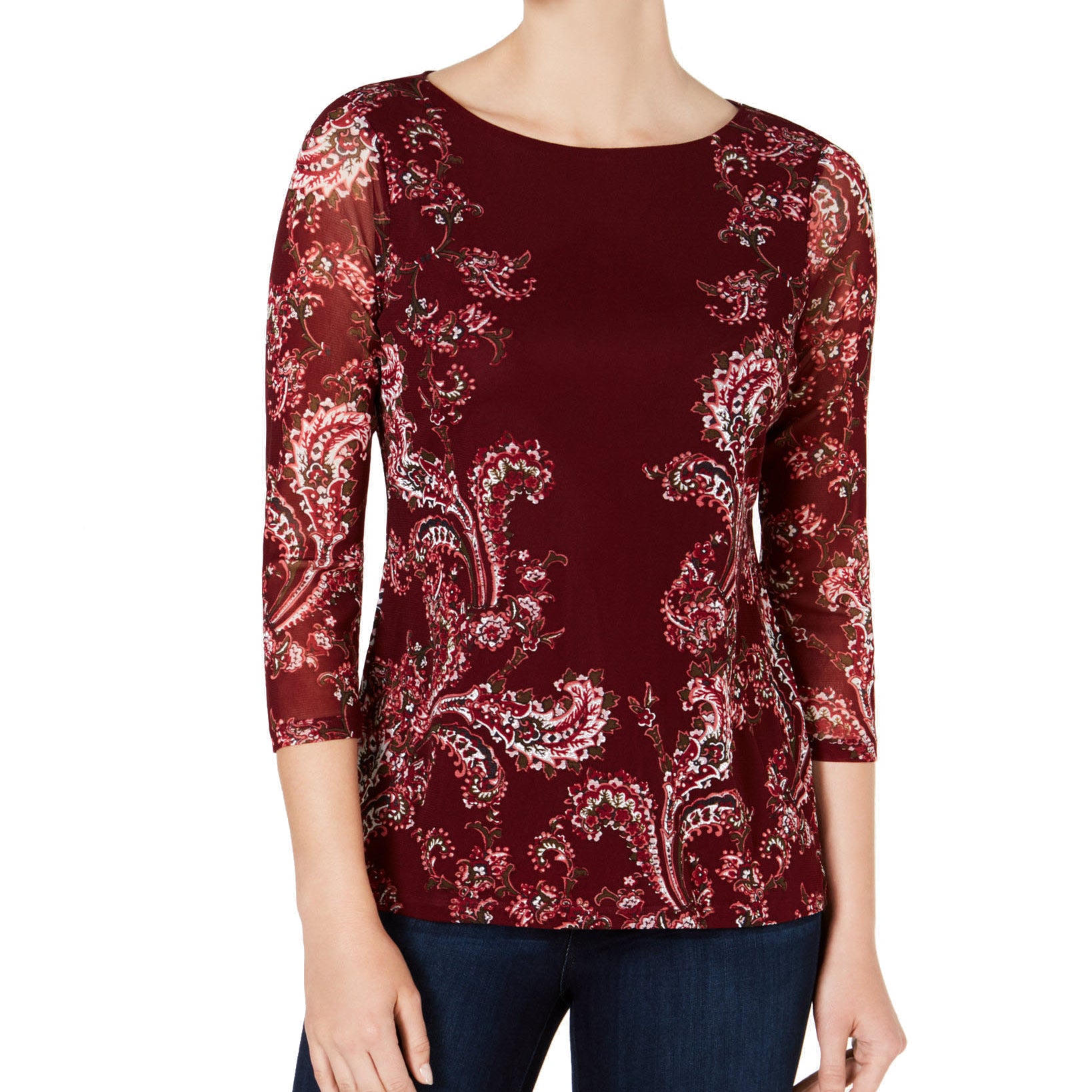 Charter Club Women Petite Floral Print Mesh Top Carriage Red Combo