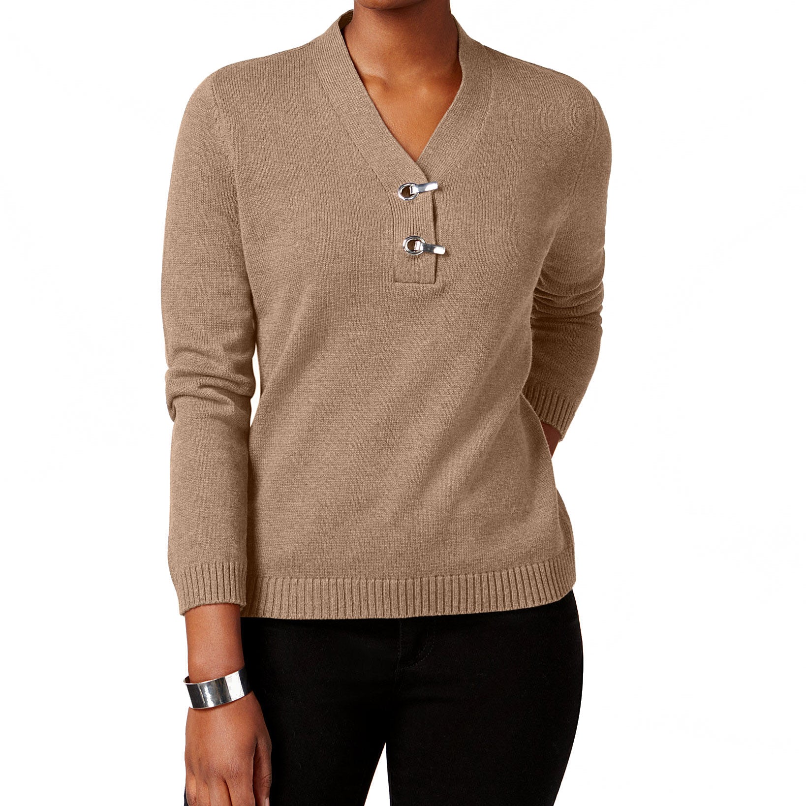 Karen Scott Women Petite Cotton Toggle Henley Sweater Chestnut Heather