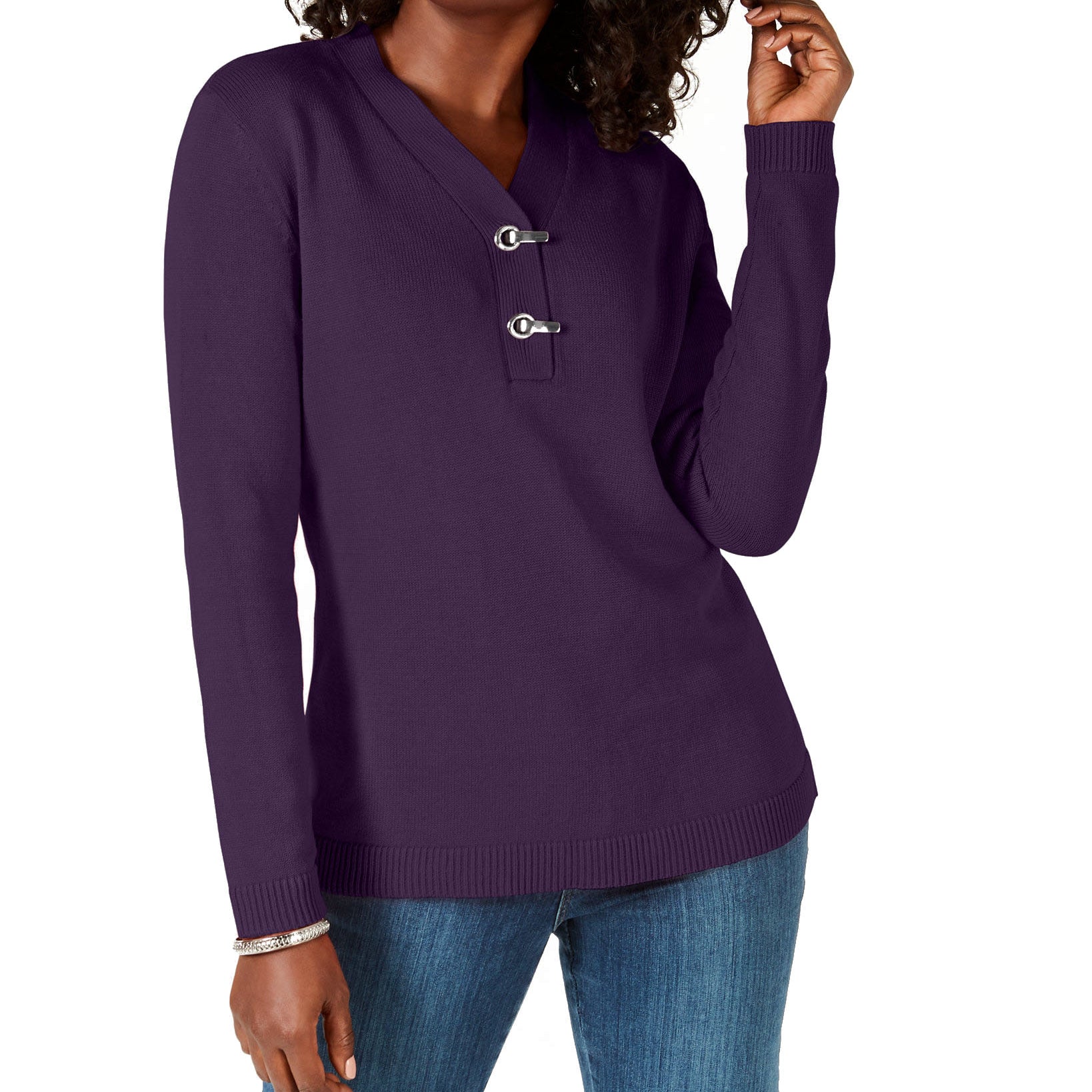 Karen Scott Women Petite Cotton Toggle Henley Sweater Purple Dynasty