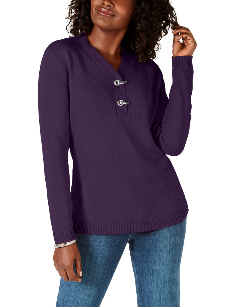 Karen Scott Women Petite Cotton Toggle Henley Sweater Purple Dynasty