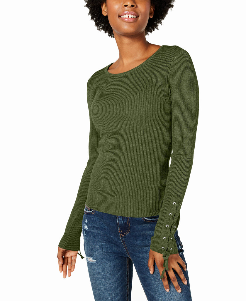 Hooked Up by IOT Women Lace Up Rib Knit Sweater Loden Bark