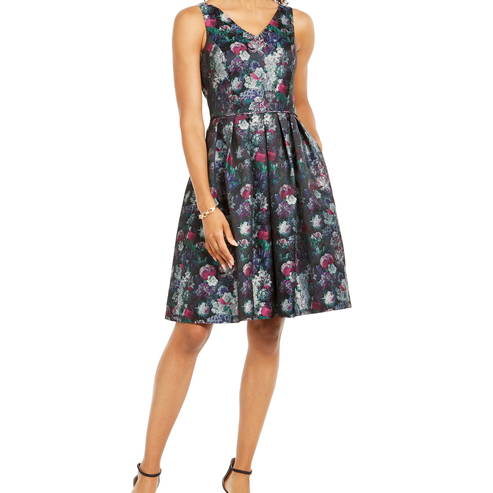 Tahari ASL Women V Neck Fit & Flare Dress Black Magenta Green