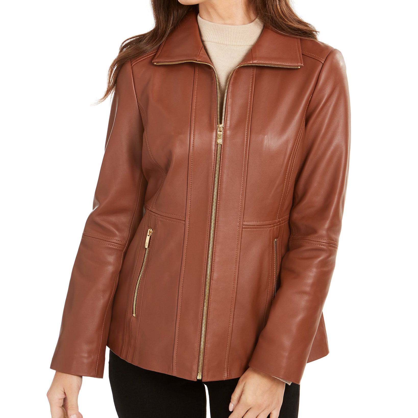 Anne Klein Women Zip Front Leather Jacket Cognac