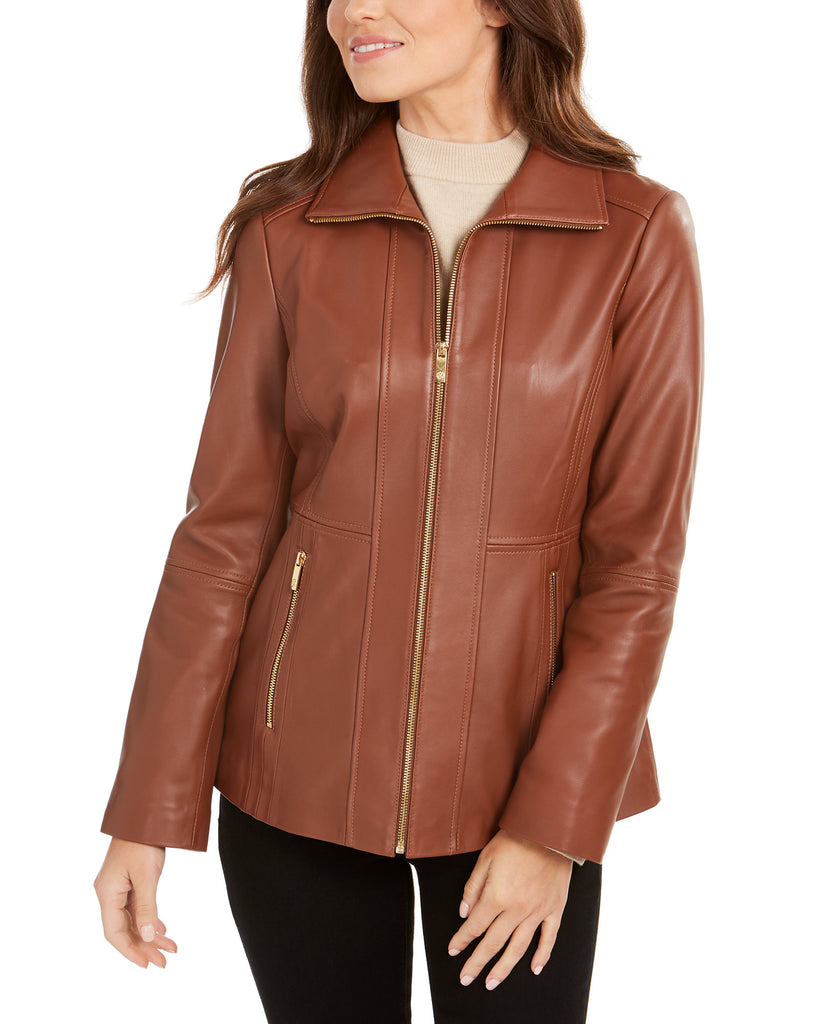 Anne Klein Women Zip Front Leather Jacket Cognac