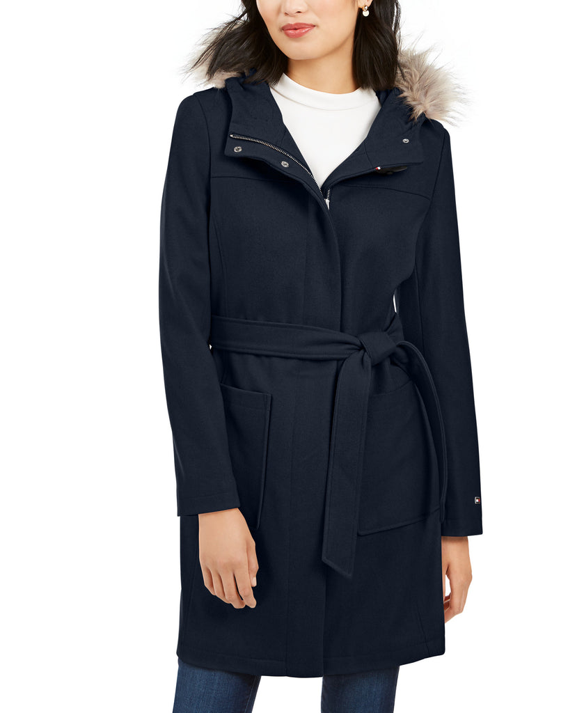 Tommy Hilfiger Women Belted Faux Fur Trim Hooded Coat Navy