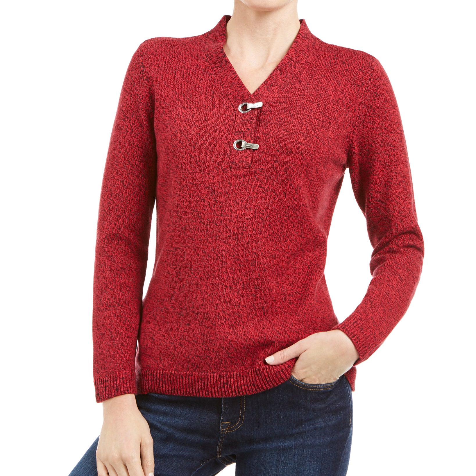 Karen Scott Women Petite Hardware Trim Cotton Henley Sweater New Red Marl