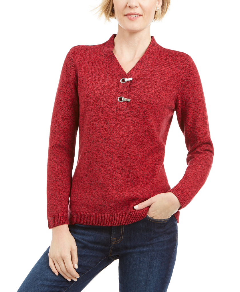 Karen Scott Women Petite Hardware Trim Cotton Henley Sweater New Red Marl