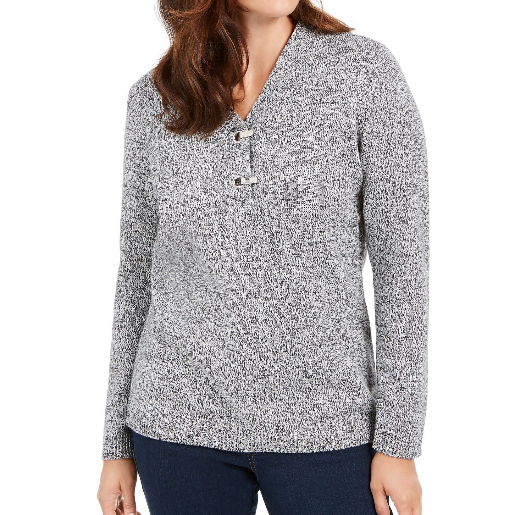 Karen Scott Women Petite Hardware Trim Cotton Henley Sweater Winter White Marl