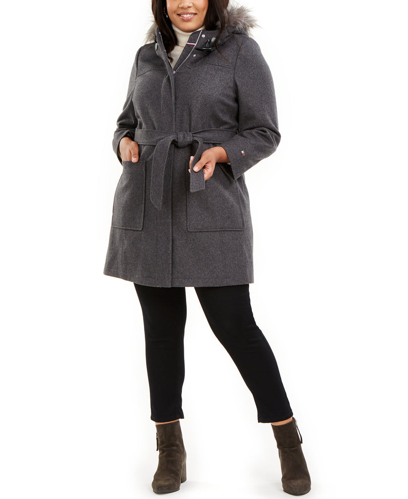 Tommy Hilfiger Women Plus Faux Fur Trim Hooded Belted Coat Medium Heather Grey