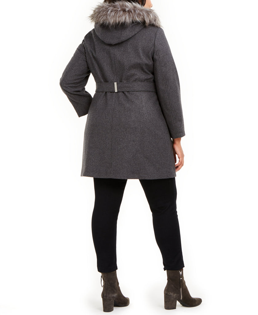 Tommy Hilfiger Women Plus Faux Fur Trim Hooded Belted Coat