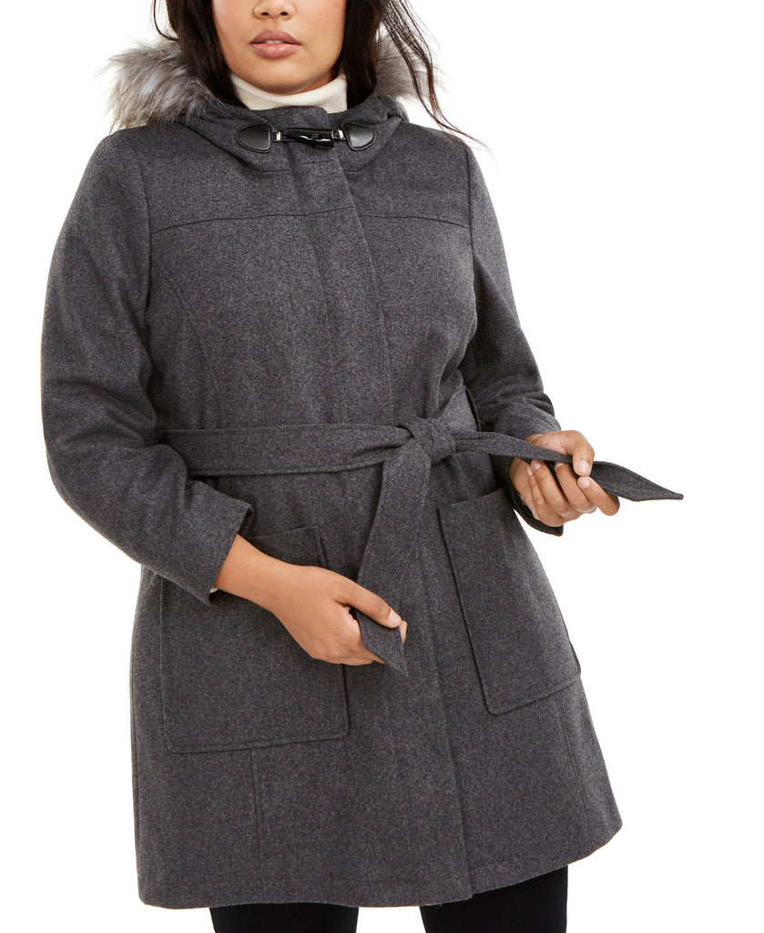Tommy Hilfiger Women Plus Faux Fur Trim Hooded Belted Coat