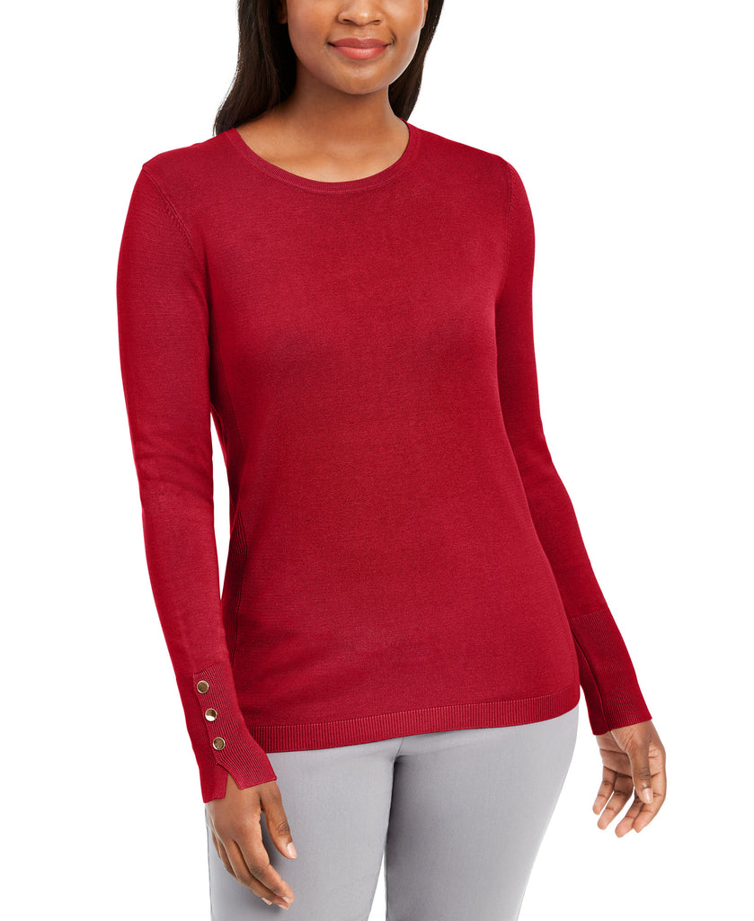 JM Collection Women Button Cuff Crewneck Sweater Rusty Red