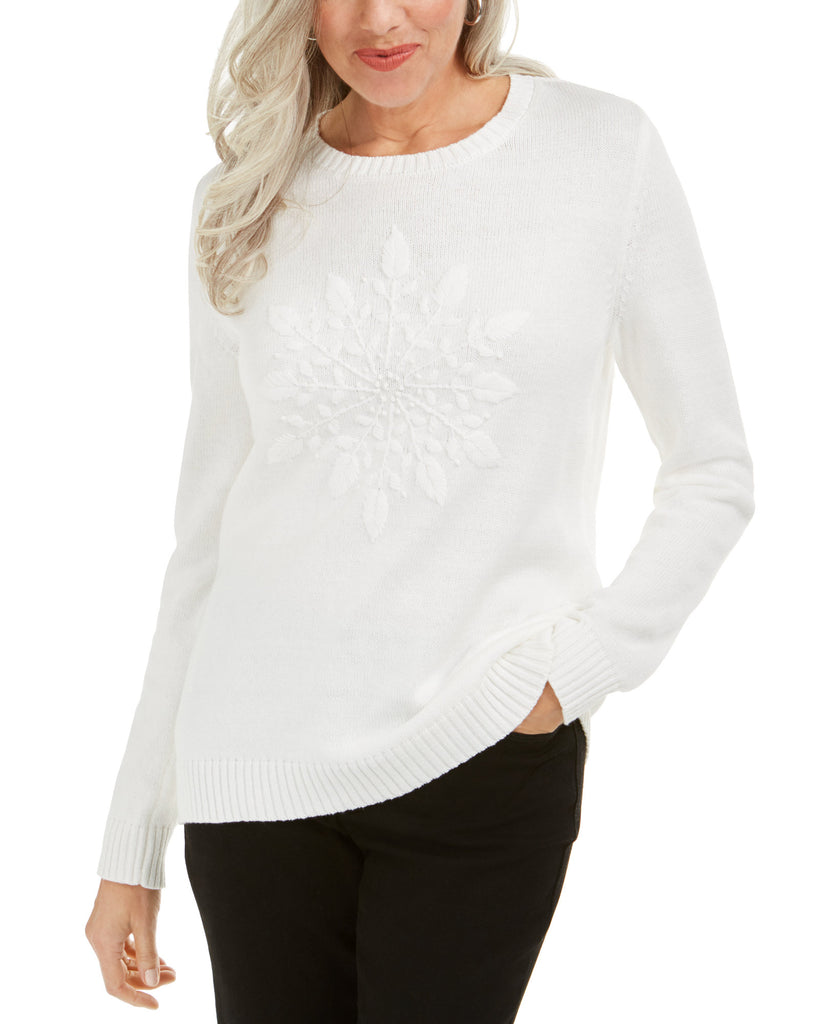 Karen Scott Women Snowflake Appliqué Sweater Winter White Combo