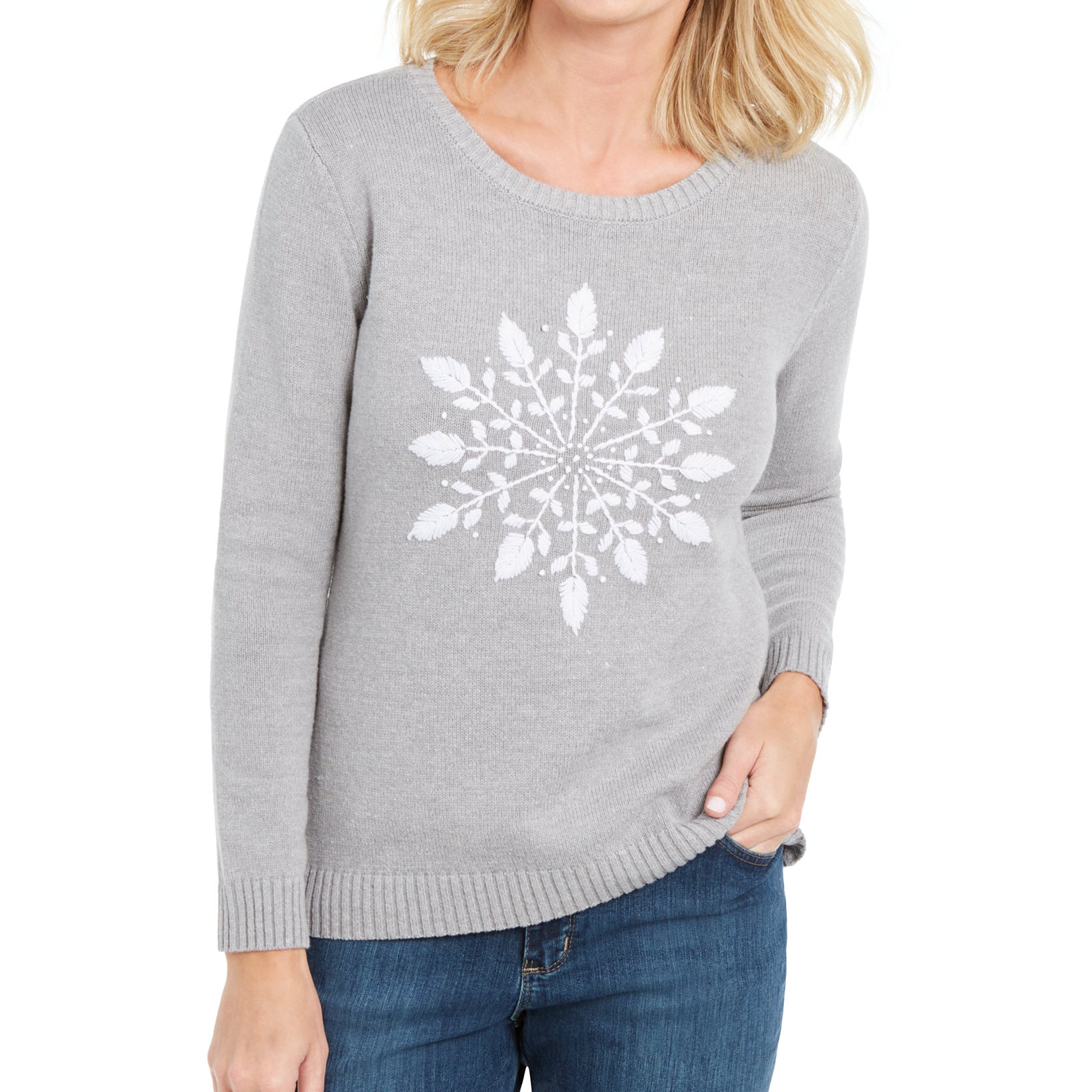 Karen Scott Women Snowflake Appliqué Sweater Smoke Grey Combo