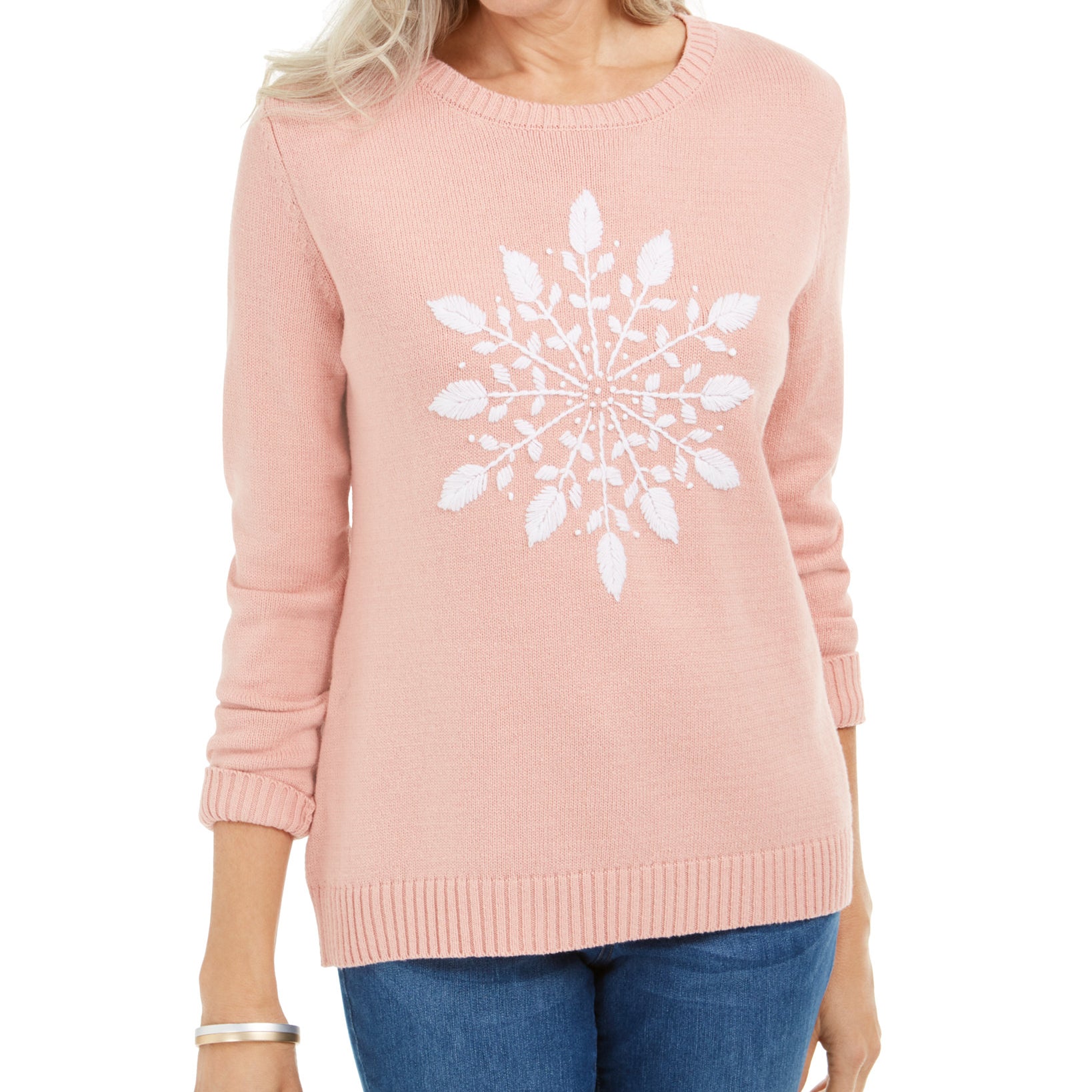 Karen Scott Women Snowflake Appliqué Sweater Tea Rose Combo