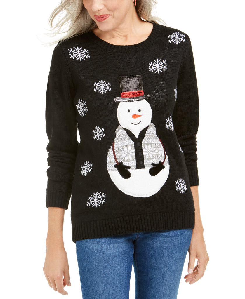Karen Scott Women Sequined Snowman Holiday Sweater Black Combo