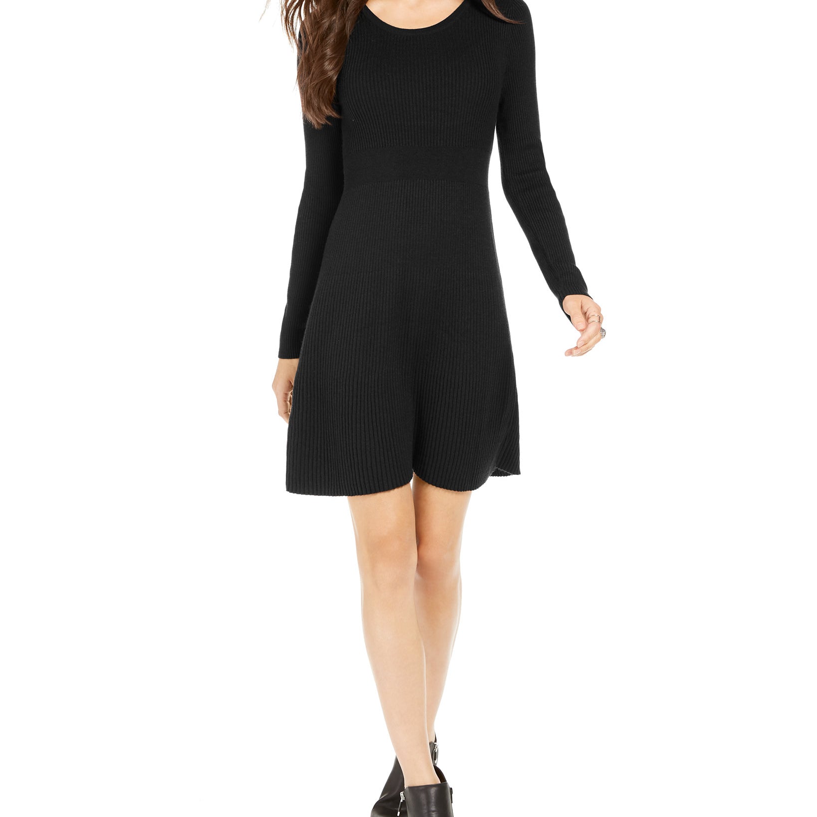 Style & Co Women Petite Ribbed Sweater Dress Deep Black