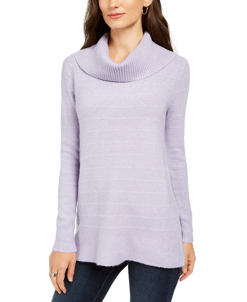 Style & Co Women Lurex Cowl Neck Sweater Heirloom Lilac Silver