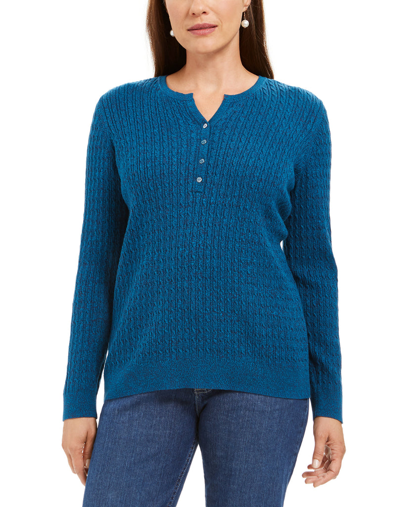 Karen Scott Women Cable Knit Henley Sweater Blue Teal Marl
