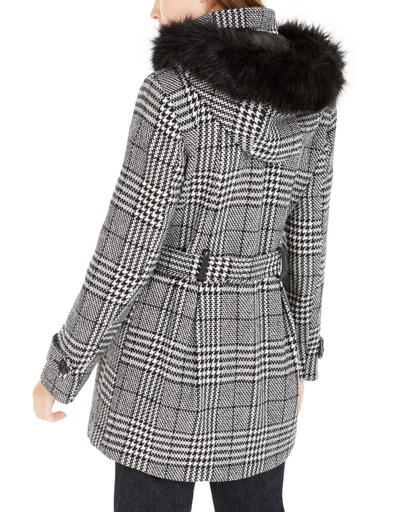 BCX Women Faux Fur Trim Plaid Coat