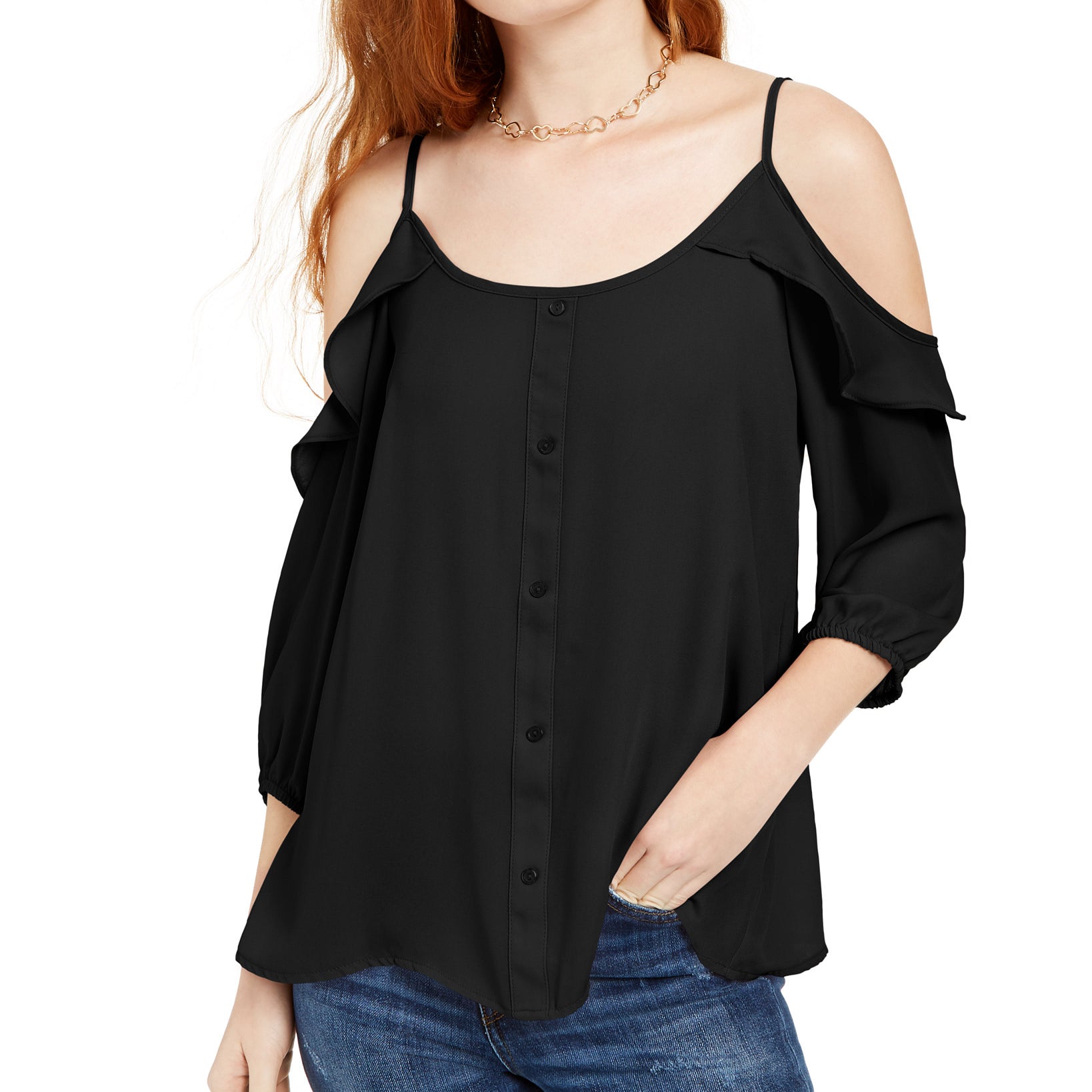 Hippie Rose Juniors Ruffle Trimmed Cold Shoulder Top Black