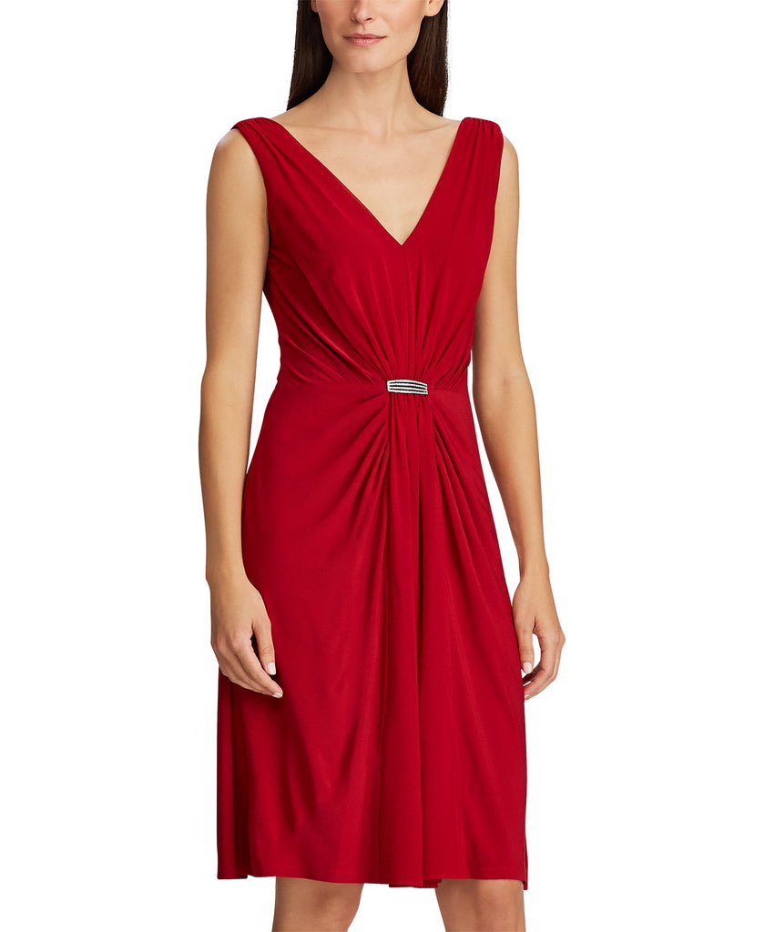 Lauren Ralph Lauren Women Petite Crystal Brooch Gathered Dress Red