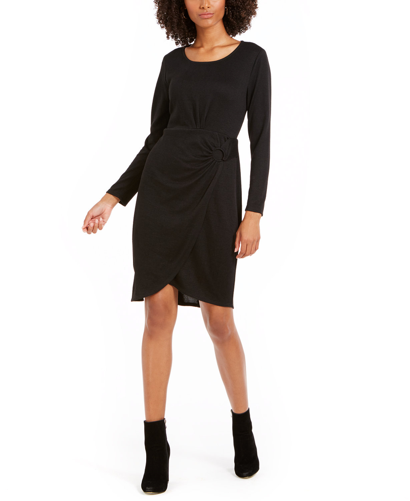NY Collection Women Petite Long Sleeve Faux Wrap Dress Black