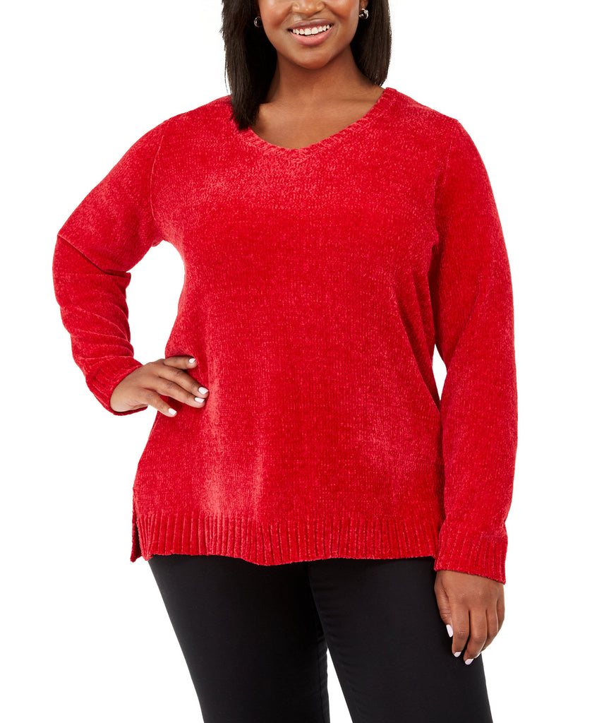 Karen Scott Women Plus V Neck Chenille Sweater Haute Red