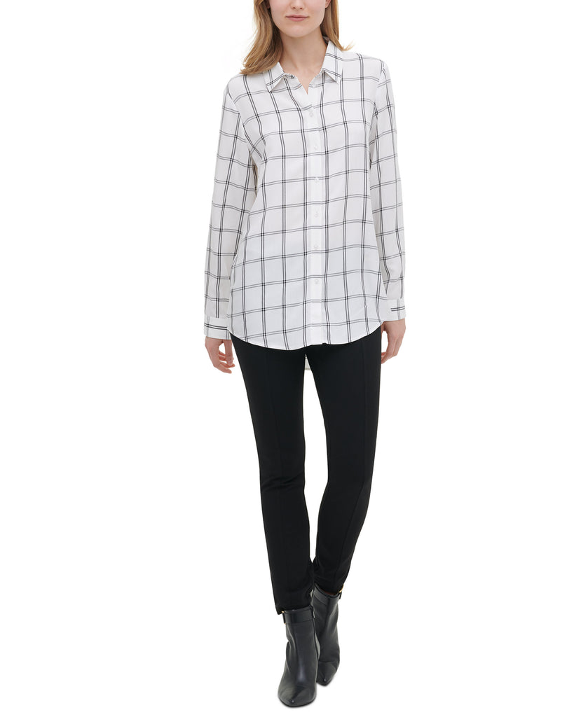 Calvin Klein Women Windowpane Print Utility Shirt Winter White Black